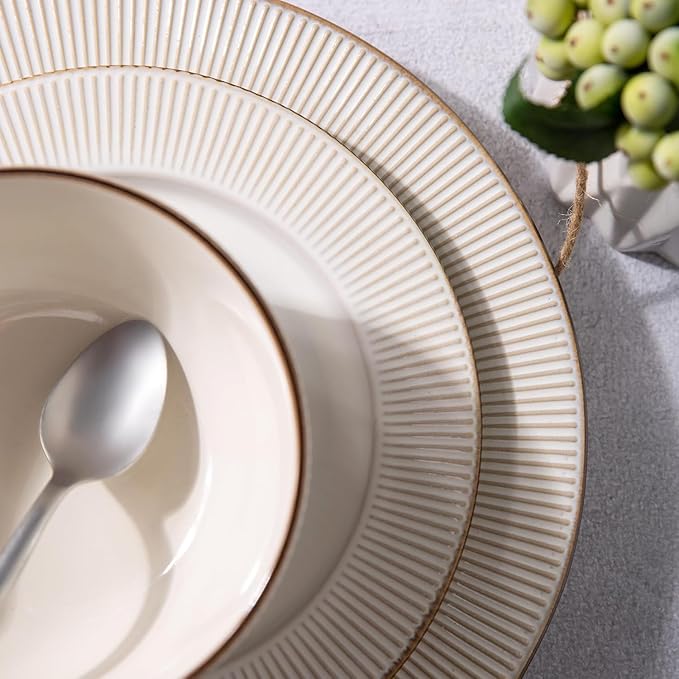 GBHOME Ceramic Dinnerware Sets,12 pcs Embossed Elegant Stoneware Plates and Bowls Sets, Housewarming Wedding Gift | Dishwasher & Microwave Safe | Dishes Set Service for 4