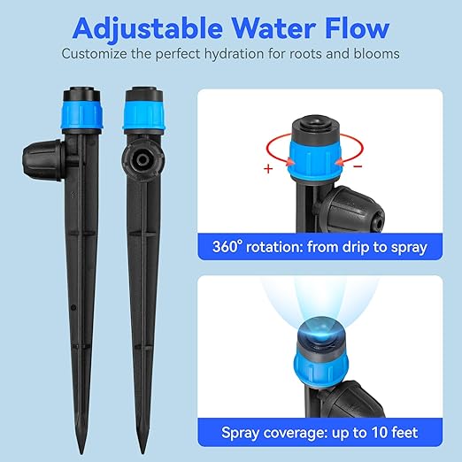 Adjustable Drip Irrigation Drippers Vortex: 20PK Fan Shape Water Flow Bubbler Stake Irrigation Emitters with Lock Barbed for 1/4 inch Tubing for Garden Watering
