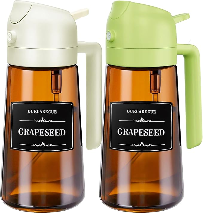 Kitchen Upgraded Made Oil Sprayer for Cooking, Dark Brown 2 in 1 Spray and Pour Mist Olive Oil Dispenser 16oz 470ml Glass Oil Spray Bottle, Air Fryer (White+Green)