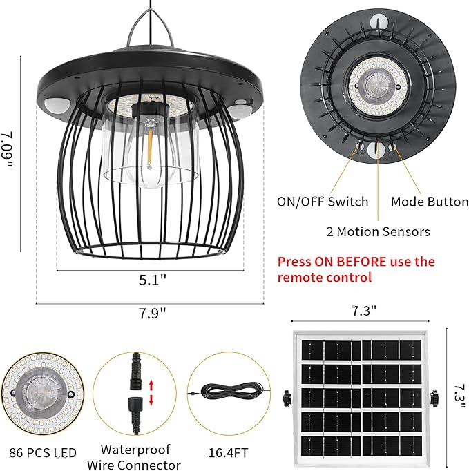 Solar Shed Lights with 2 Motion Sensors, Classic Metal Solar Chandelier Outdoor with 5 Lighting Modes, Waterproof Pendant Lamp with Remote Control for Gazebo, Garden, Patio, Barn(16.4FT Cord, 2 Pack)