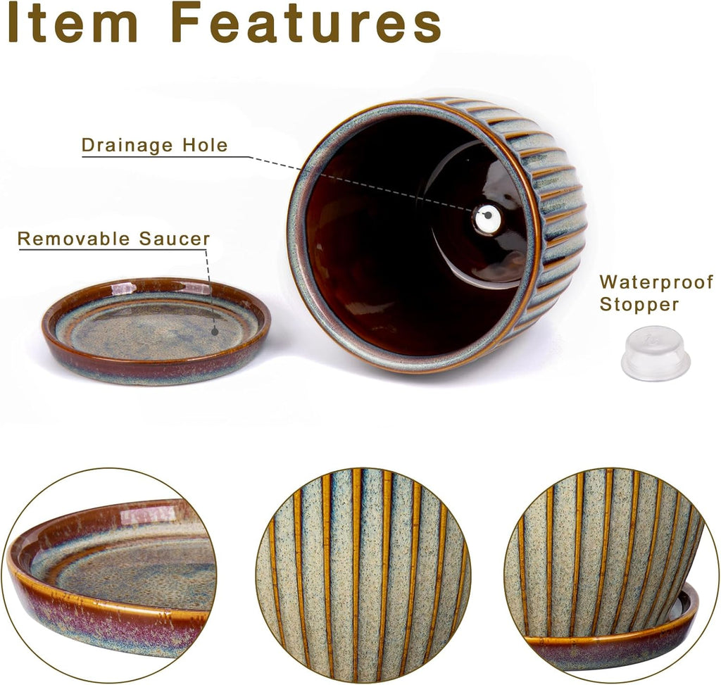 Oairse Ceramic Pots for Indoor Plants, 4.9 +5.7 inch Set of 2 Brown Plant Pots with Drainage Holes and Saucers Texture Ceramic Planters Indoor Outdoor Flower Planters for Succulent