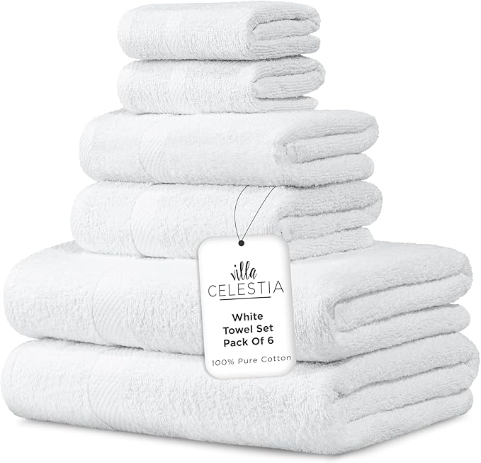 100% Combed Cotton Bathroom Towel Set of 6- 2 Bath Towels, 2 Hand Towels, 2 Wash Cloths, Sustainable, Soft, Highly Absorbent 6 Piece Cotton Bath Towel Set Ideal for Hotels, Spa, Bathroom, Dorm, White