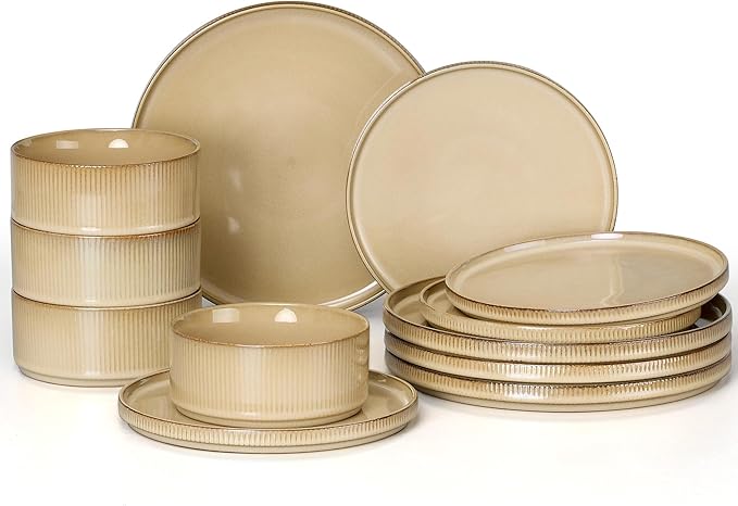 E-far 12-Piece Plates and Bowls Sets, Stoneware Dinnerware Dishes Sets for 4, Kitchen Modern Dining Dishware, Chip & Scratch Resistant, Microwave & Dishwasher Safe, Caramel Khaki