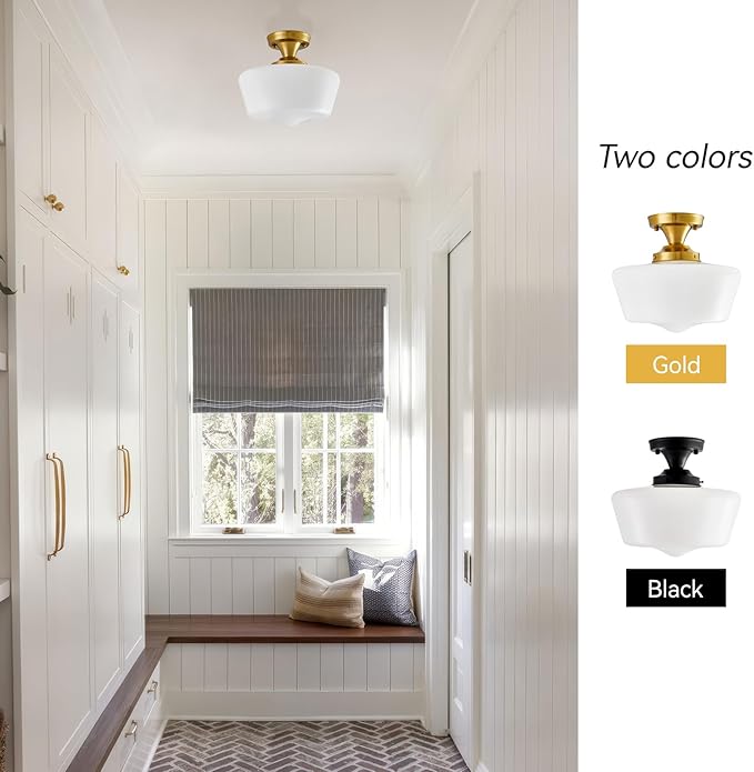 Schoolhouse Light Fixture Modern Gold Ceiling Light,Semi Flush Mount Ceiling Light,12''Wide Opal Milk Glass Shade,Brass Vintage Light for Farmhouse Bedroom Kitchen Hallway Entryway