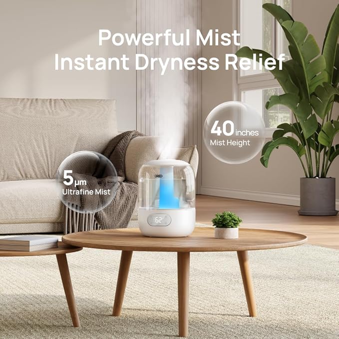 Dreo Humidifiers for Bedroom, 3L Top Fill 30H & 26dB Quiet Runtime for Large Room, Cool Mist Ultrasonic Humidifier with Humidity Sensor, Night Light for Home, Baby, Nursery, Plants, 360° Nozzle, White