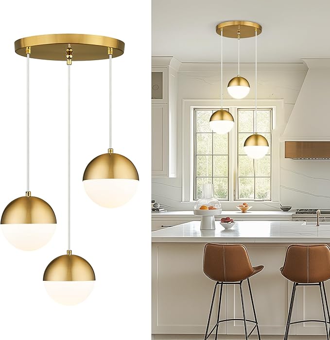 LMS Brushed Gold 3-Light Cluster Pendant Lights, Modern Kitchen Island Lighting with White Globe Glass Shade, Adjustable Hanging Cord Ceiling Light for Bathroom Bedroom Dining Room, LMS-186BG3