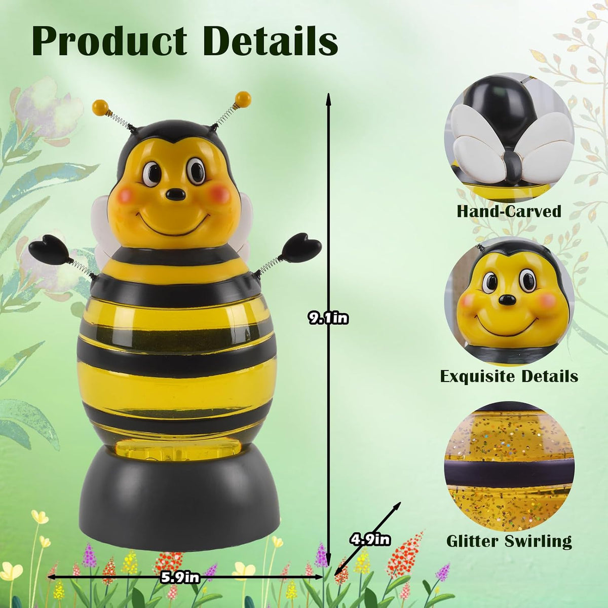Summer Bee Snow Globe Decor with 6H Timer, Swirling Glitter Bee Snowglobe Spring and Summer Figurine Decorations, USB/Battery Operated, for World Bee Day Spring Holiday Home Decor and Gift