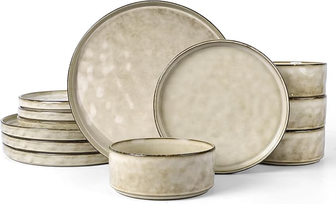 LIANYU Dinnerware Set for 4, 12 Piece Plates and Bowls Ceramic Dish Set, Includes Dinner Salad Plates, Cereal Bowls, Microwave & Dishwasher Safe, Sandy Beige