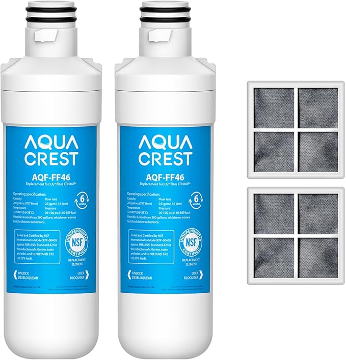 AQUA CREST LT1000PC ADQ747935 Refrigerator Water Filter and Air Filter, Replacement for LG® LT1000P®/PC/PCS, LMXS28626S, LFXS26973S, MDJ64844601, ADQ74793501, ADQ74793502 and LT120F®, 2 Combo