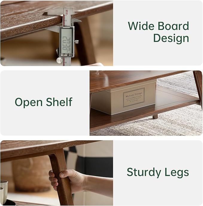 100% Solid Wood Coffee Table for Living Room, 39.37" Mid Century Modern Tables with Shelf Storage, 2-Tier Coffee Table with Rounded Corners (Oak Wood Walnut Color, 39.37" L)