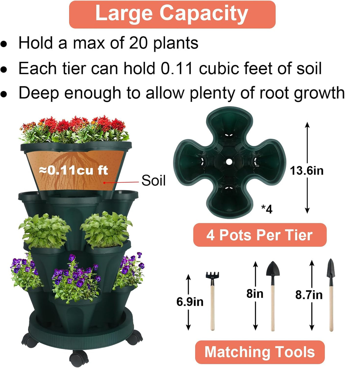 Vertical Planter 4 Tier Stackable Planters Garden Planters Strawberry Herb Flower and Vegetable Planter Indoor Outdoor Gardening Pots with Removable Wheels and Tools