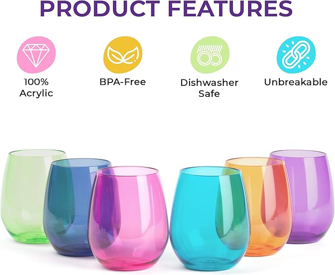Unbreakable Stemless Glasses – Colored Wine Glasses Set of 6 Plastic Drinking glasses Wine, Water – Acrylic Plastic Gifts for Birthday Women Party, Stylish Glasses for Parties & Everyday (Jewel)