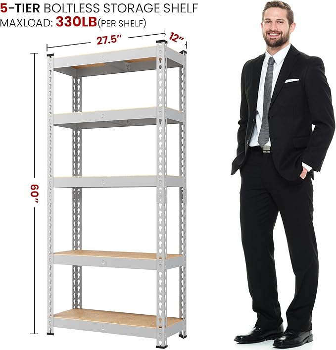 Yaheetech Storage Shelves 5 Tier Garage Shelving Heavy Duty Garage Shelves Adjustable Metal Shelving Unit Utility Rack Industrial Shelving for Warehouse Pantry Closet, 27.5" W x 12" D x 60" H, Silver