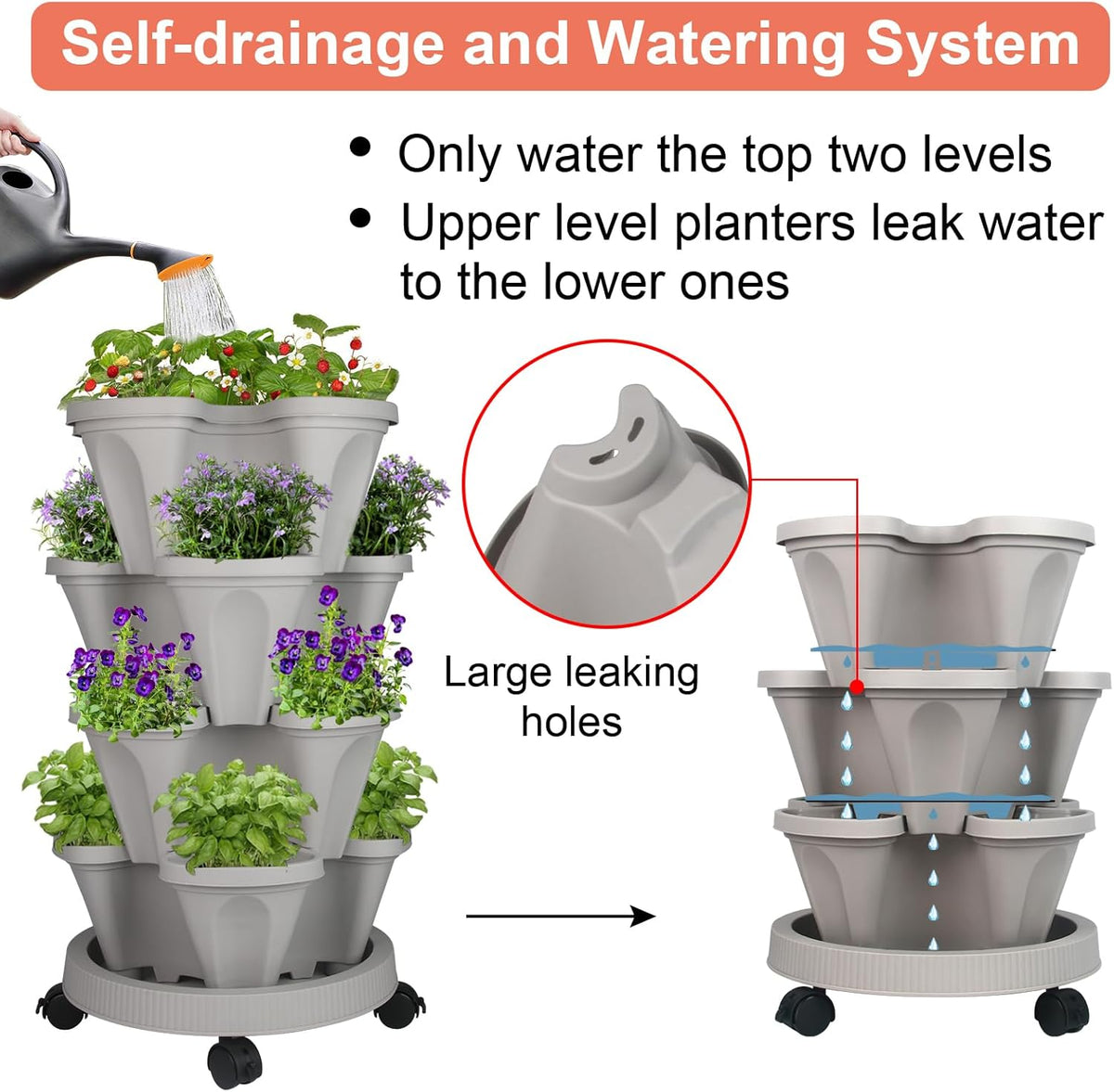 Vertical Planter 4 Tier Stackable Planters Garden Planters Strawberry Herb Flower and Vegetable Planter Indoor Outdoor Gardening Pots with Removable Wheels and Tools