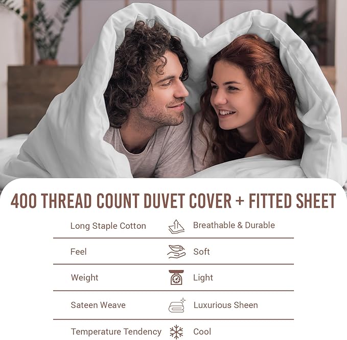 Pizuna 100% Cotton King 3 Pc Duvet Cover + 1 Pc Fitted Sheet Set 400 Thread Count White Sateen Weave Luxurious Long Staple Cotton 4 Piece Bedding Set - 1 Duvet Cover, 2 Pillow Shams, 1 Fitted Sheet