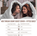 Pizuna 100% Cotton King 3 Pc Duvet Cover + 1 Pc Fitted Sheet Set 400 Thread Count White Sateen Weave Luxurious Long Staple Cotton 4 Piece Bedding Set - 1 Duvet Cover, 2 Pillow Shams, 1 Fitted Sheet