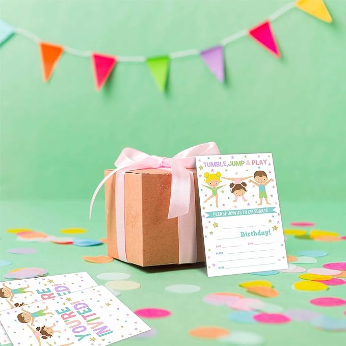 Gymnastics Birthday Party Invitation, Tumble Jump & Play Invite Cards（20 Count) With Envelopes, Fill In Style Invite Cards For Boys, Girls, Kids, Birthday Party Supplies-A46