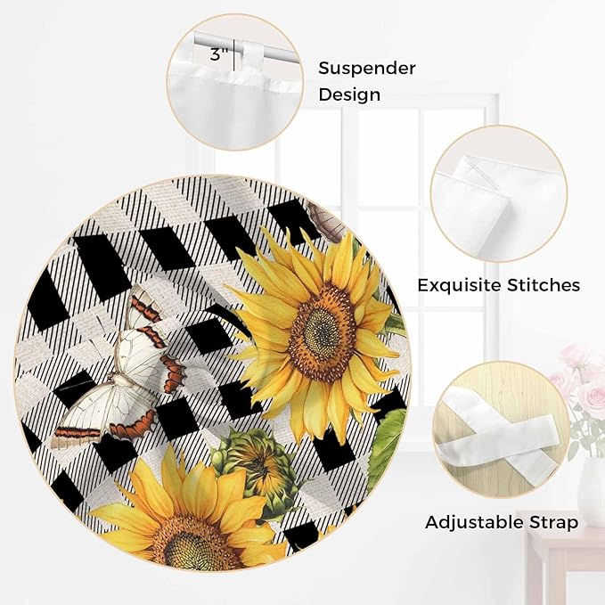 Sunflowers Bedroom Curtains 72 Inch Length, Window Curtains Tab Top, Yellow Flowers Butterfly Farmhouse Black Plaid Light Filtering Window Treatments Drapes 52"x72" 2 Panel
