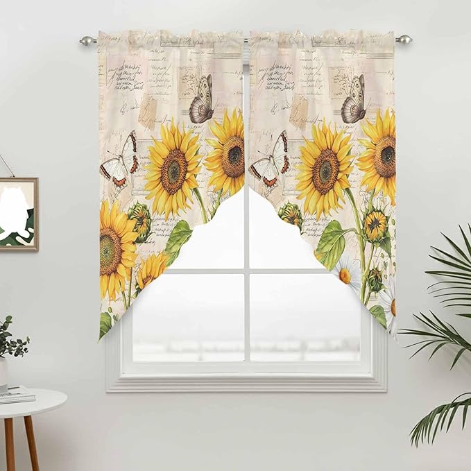 Yellow Sunflowers Swag Valances for Windows, Country Farm Butterfly Flower Light Beige Rod Pocket Kitchen Curtains Valance, Kitchen Window Curtains Swag for Cafe Living Room, 2 Panels, 36x45 inch