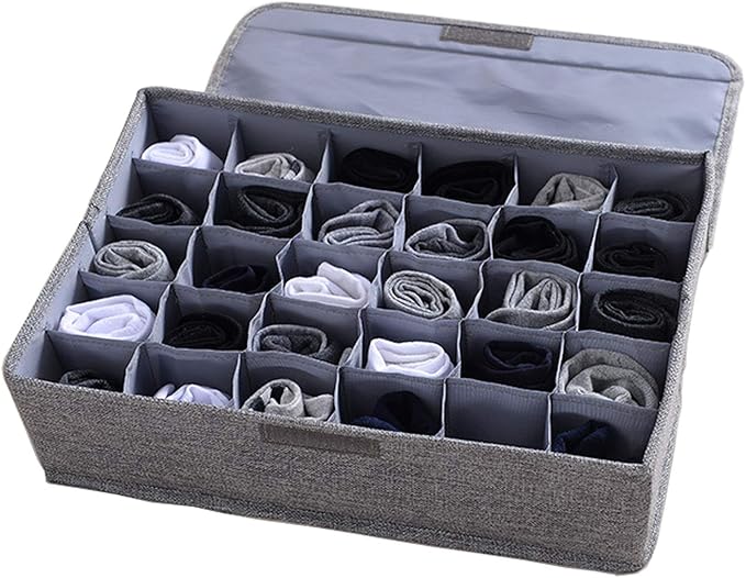 AARAINBOW Underwear Socks Ties Storage Organizer with Lids Foldable Closet Drawer Organizer 30 Cells, Fabric Wardrobe Divider Storage Box for Scarves and Lingerie (30 Cell, Gray)
