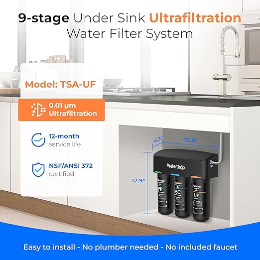Waterdrop WD-TSA-UF 0.01 μm Ultra Filtration Under Sink Water Filter, Under Sink Water Filtration System 9 Stage Filtration, Reduces Chlorine, Taste and Odor, Fluoride, Advanced USA Tech