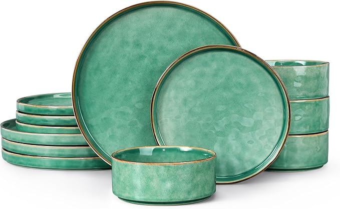 LIANYU Dinnerware Sets for 4, 12 Piece Plates and Bowls Dish Set, Stoneware Dishware Dinner Ware for Kitchen Dining, Microwave & Dishwasher Safe, Emerald Green