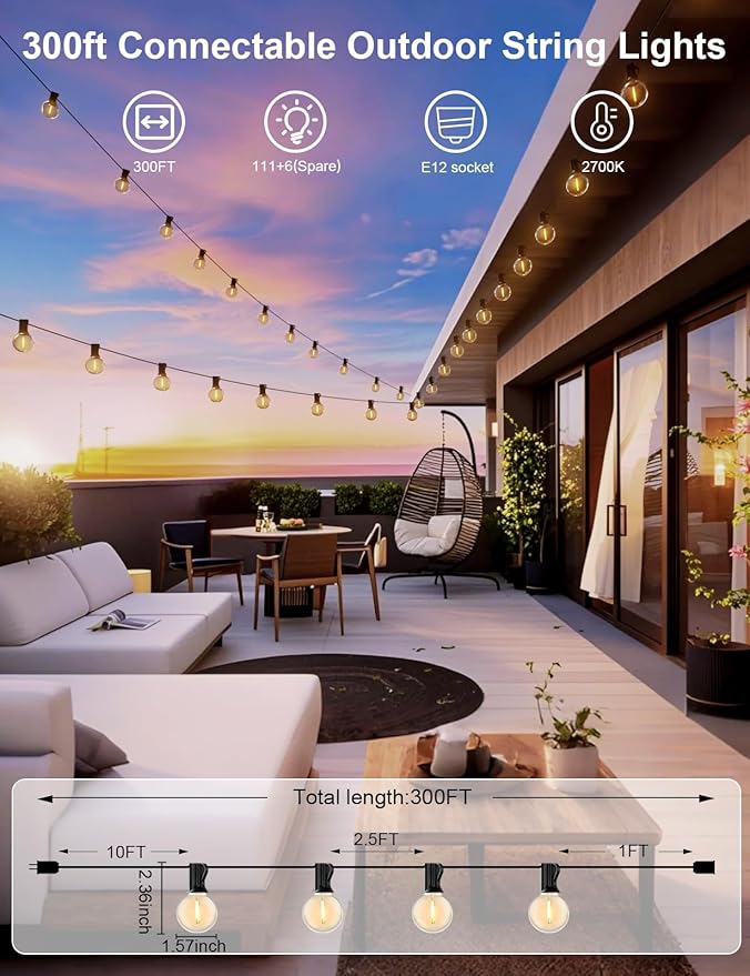 RTTY Outdoor String Lights 300 FT Globe LED Patio Lights with G40 Plastic Bulbs,Waterproof Shatterproof Dimmable Connectable Hanging for Backyard Porch Balcony Party Cafe Deck Decor