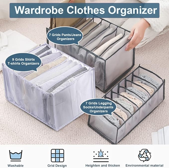 KesaPlan 3Pcs Wardrobe Clothes Organizer, 7/7/9 Grids Visible Foldable Closet Organizers, Compartment Storage Box with Mesh Separation, Washable Drawer Dividers Organizers (Pants+T-Shirt+Legging)