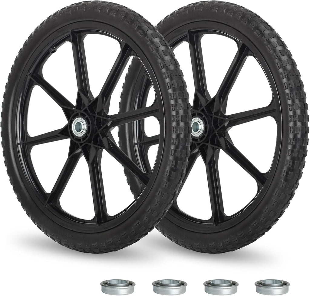 20" Flat Free Tire and Wheel, with 3/4" & 5/8" Bearing, 2.45" Centered Hub, Replacement Wheel For Rubbermaid Wheelbarrow, Garden Yard Cart, 2 Pcs