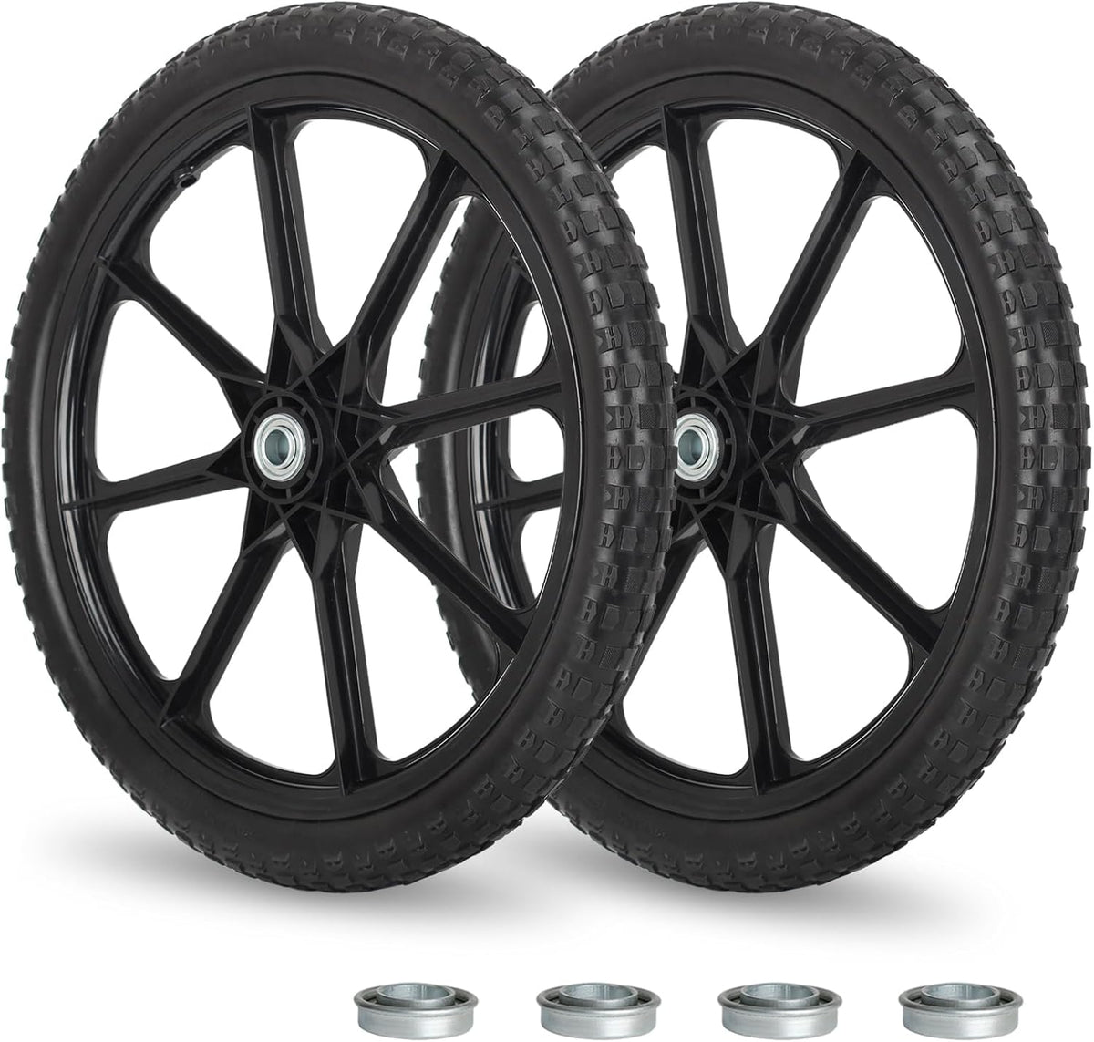 20" Flat Free Tire and Wheel, with 3/4" & 5/8" Bearing, 2.45" Centered Hub, Replacement Wheel For Rubbermaid Wheelbarrow, Garden Yard Cart, 2 Pcs