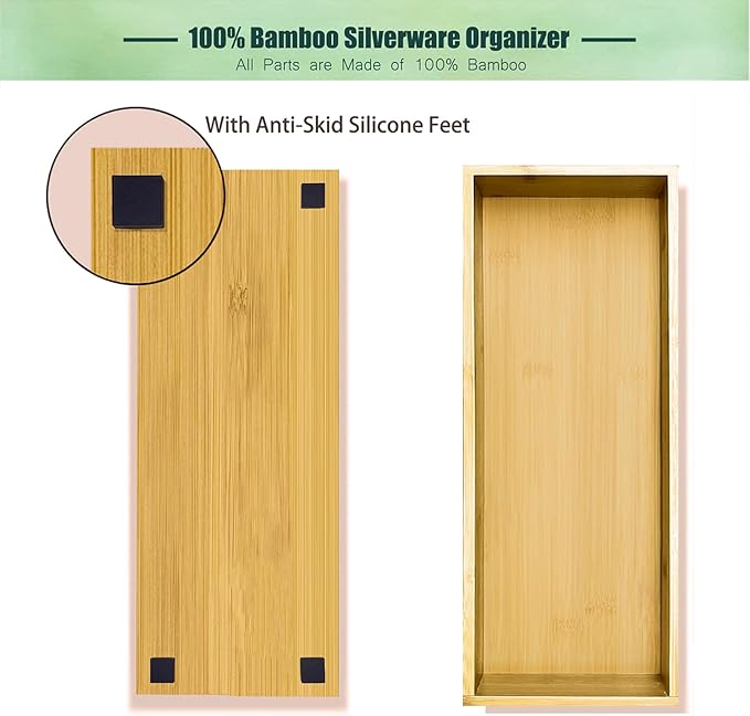 Bamboo Drawer Silverware Organizer, Utensil Organizer, Bamboo Storage Box Wood Silverware Tray for Drawer Set of 2