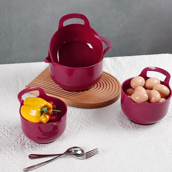 BoxedHome 4 Pack Nesting Mixing Bowl Set with Pour Spout and Handle, Non-Slip Bottom, BPA free Microwave & Dishwasher Safe(Deep Carmine)