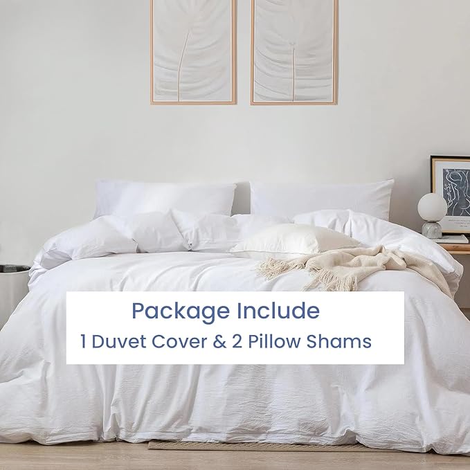 Kotton Culture 100% Washed Cotton Duvet Cover Set Queen Size - 600 Thread Count Comforter cover, Soft Linen Feel, Luxury,3-Pc Set with Zipper Closure & Corner Ties (Washed Cotton White,Queen 90"x 90")