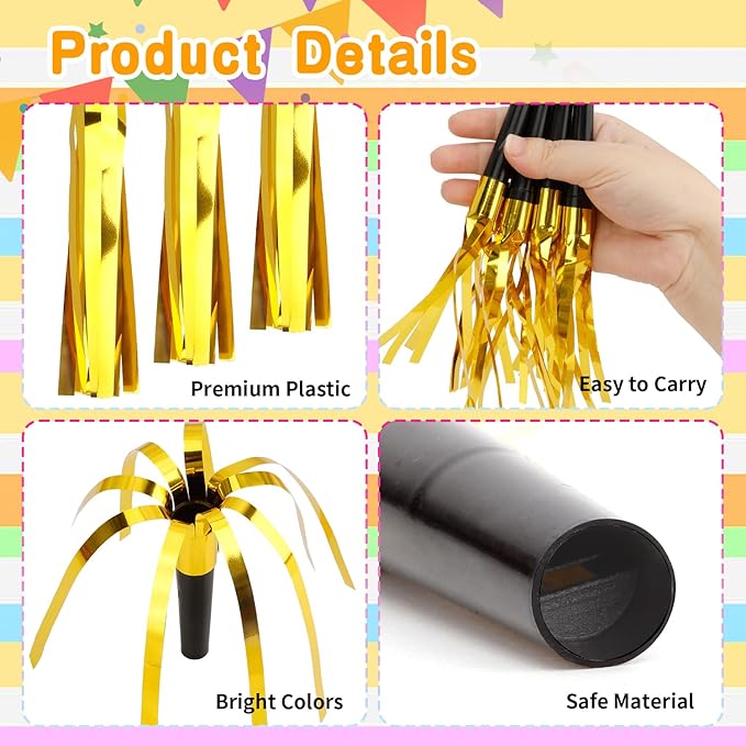 Noise Makers, 24 PCS Gold Noise Makers, Glitter Metallic Fringed Party Blowers Noisemakers Horns for Adults for Birthday Sporting Events Christmas 2025 New Year Eve Party Favor Supplies Decorations