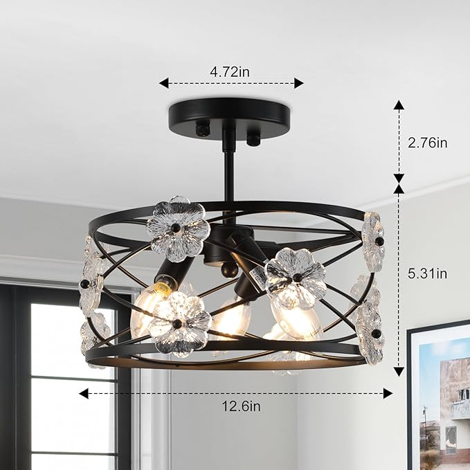 12.6" Semi Flush Mount Ceiling Light 3-Lights Drum Black Ceiling Lighting Vintage Industrial Modern Crystal Flower Light Fixture for Bedroom, Entryway, Kitchen, Dining Room, E12