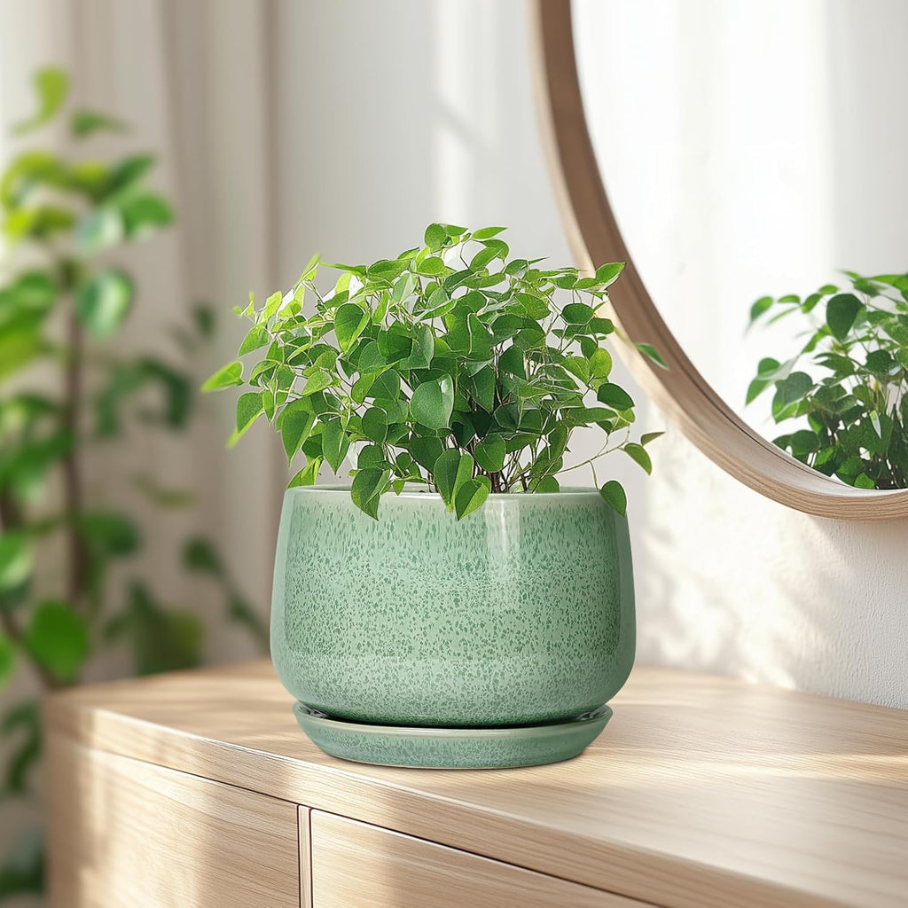 G EPGardening Ceramic Plant Pot - 7 Inch Ceramic Planter for Indoor Outdoor Plants, Flower Pot with Drainage Hole and Tray, Modern Round Planter, Plants Lovers Gifts, Home Garden Decor, Green