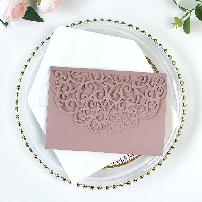 PONATIA 5.12 x 7.2 Dusty Rose Laser Cut Wedding Invitations, 5x7 Trifold Laser Cut Invitation Pockets with Envelopes for Wedding Bridal Shower Engagement Quinceanera Invitations (20PCS No Inner Sheet)