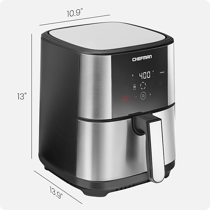 Chefman TurboFry Touch Air Fryer, Large 5-Quart Family Size, One Touch Digital Control Presets, French Fries, Chicken, Meat, Fish, Nonstick Dishwasher-Safe Parts, Automatic Shutoff, Stainless Steel