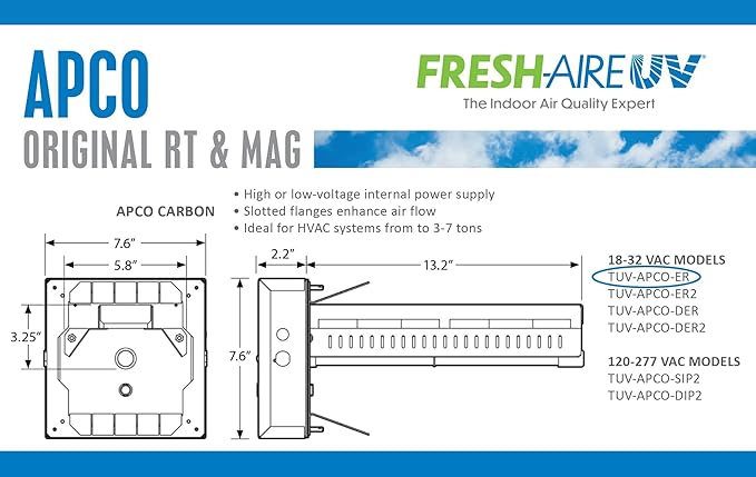 APCO Carbon Cell Matrix HVAC UV Air Purifier with Power Cord, Includes 1-Year UVC Lamp (18-32 VAC Series) # TUV-APCO-ER