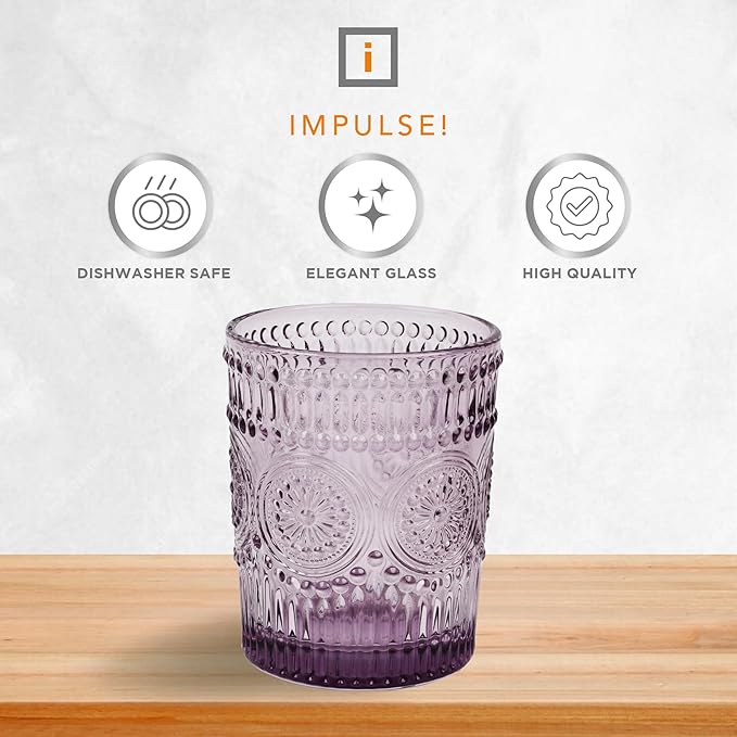 IMPULSE! Tuscan Rocks Glass Set - Purple, Dishwasher Safe, Chic Vintage Style - 8 oz - Ideal for Gin, Mixed Cocktails, Bourbon, Margaritas, Soft Drinks, Beer, Water - Mexican Style Glasses - Set of 4