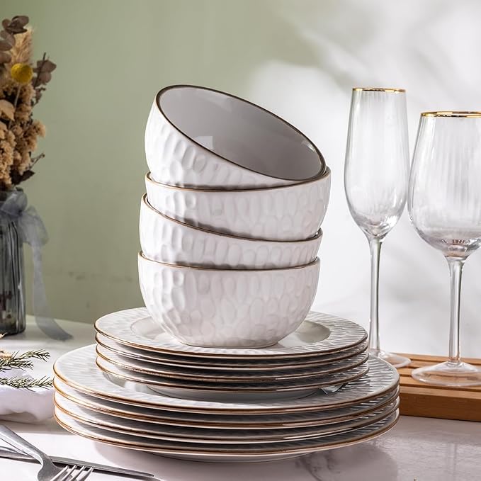GBHOME Ceramic Dinnerware Sets, 24 pcs Embossed Elegant Stoneware Plates and Bowls Sets, Housewarming Wedding Gift | Dishwasher & Microwave Safe | Dishes Set Service for 8