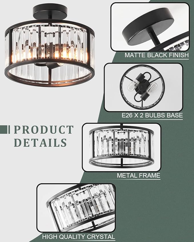 Black Flush Mount Ceiling Light, 2- Light Caged Crystal Chandelier , Small Drum Hallway Light Fixtures Ceiling Mount (Black)