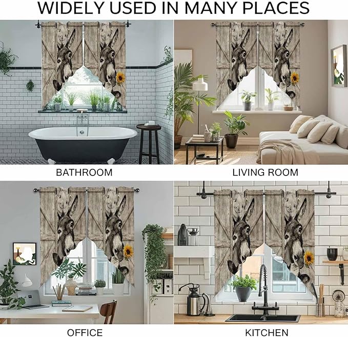 Funny Farm Animals Swag Valances for Windows, Vintage Barn Brown Sunflowers Rod Pocket Kitchen Curtains Valance, Small Window Curtains Swag for Cafe Bathroom Living Room, 2 Panels, 28x36 inch