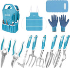 Blue Garden Tool Sets 12-Piece, Aluminum Gardening Hand Tools w/Ergonomic Handle, Garden Supplies Organizer Handbag, Kneeling Pad, Apron and Gloves, Gift for Women, Garden Starter Kit for Women