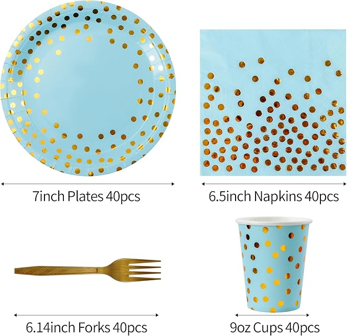 Sveikie160 Pcs blue And Gold Paper Plates, Birthday Cake Party Plates And Napkins, Wedding Disposable Utensils For Birthday Graduation Wedding And Holiday Celebrations Serves 40 (blue)