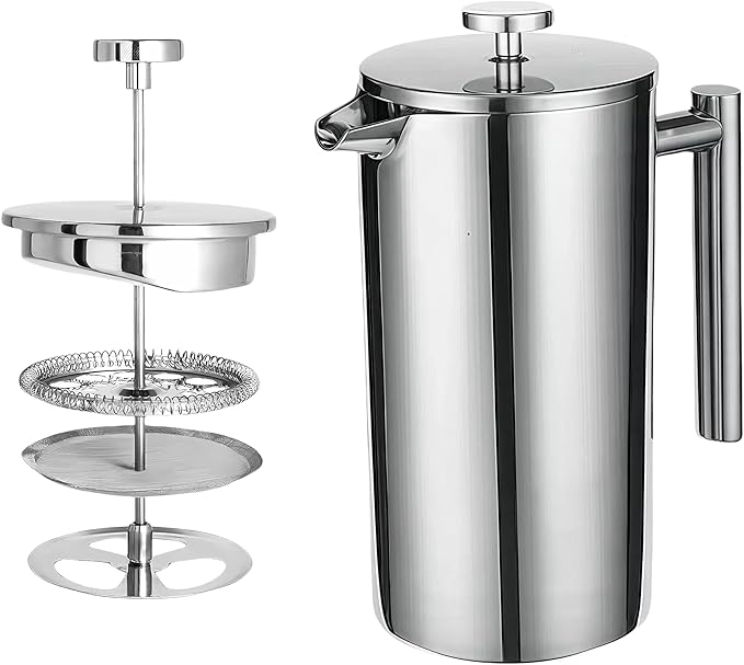 Travel French Press, 34oz Stainless Steel Coffee Press for Camping, Double Wall Insulated & No Drip Spout plastic free coffee maker
