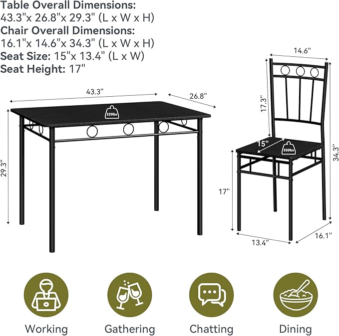 5 Piece Dining Table Set, Wood Kitchen Table and Chairs for Small Space,Breakfast Nook,Easy Assembly,Black