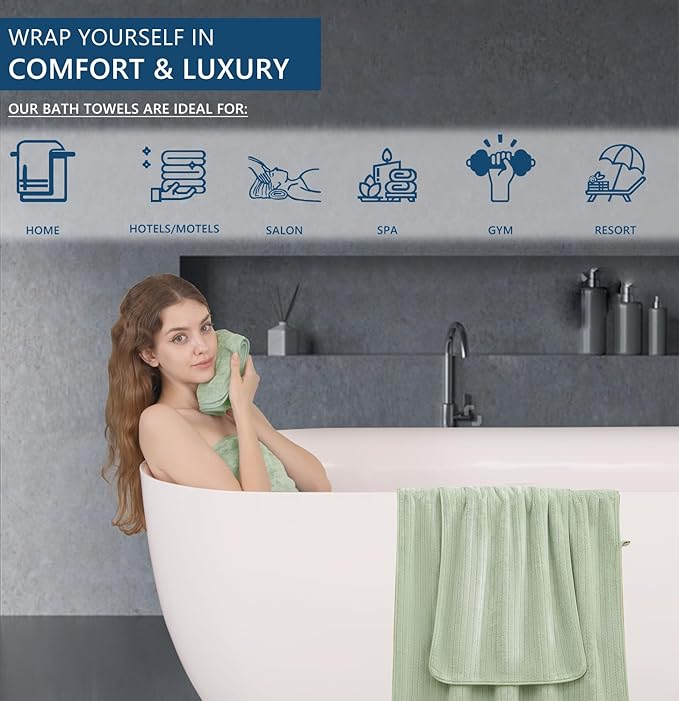 18 Piece Bath Towels Set,Super Soft Family Bathroom Towel Set with Hanging Loops-6 Bath Towels,6 Hand Towels,6 Washcloths,Highly Absorbent Quick Dry Shower Towel for Bathroom,Hotel,Spa-Green Towel Set