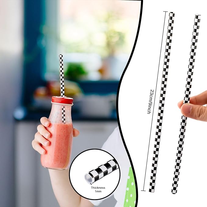 Domensi 100 Pcs Black and White Checkered Racing Straws Plastic Disposable Drinking Straws Hard Plastic Reusable Striped Flag Party Supplies for Race Car Sports Themed Birthday Decoration