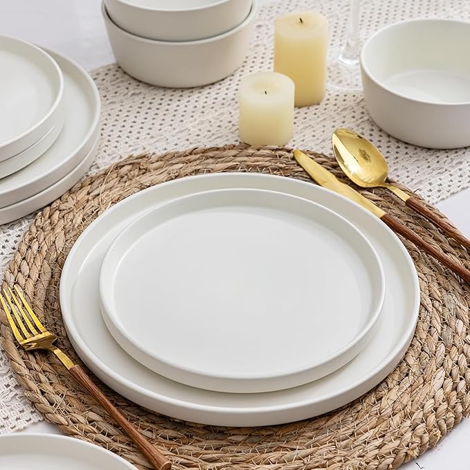 AmorArc Ceramic Dinnerware Sets of 6, Modern Flat Stoneware Plates and Bowls Sets,Chip and Crack Resistant | Dishwasher & Microwave Safe Dishes Set,Scratch Resistant- Service for 6 (18pc)-Matte Cream